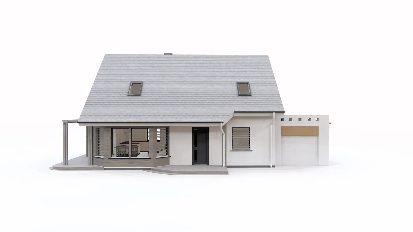 Home project  - Projekt domu z poddaszem, wykuszem i salonem od frontu oraz garażem.