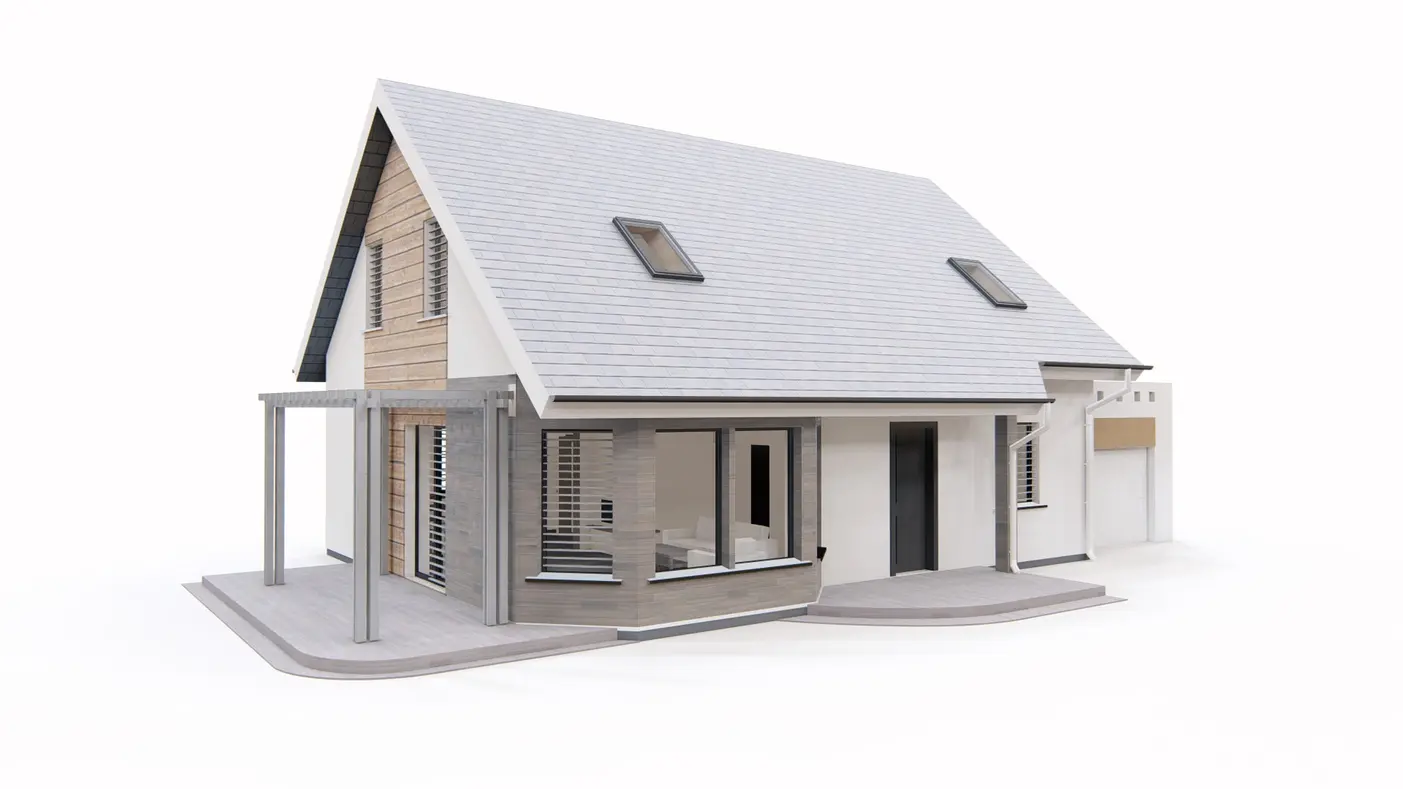 Home project  - Projekt domu z poddaszem, wykuszem i salonem od frontu oraz garażem.