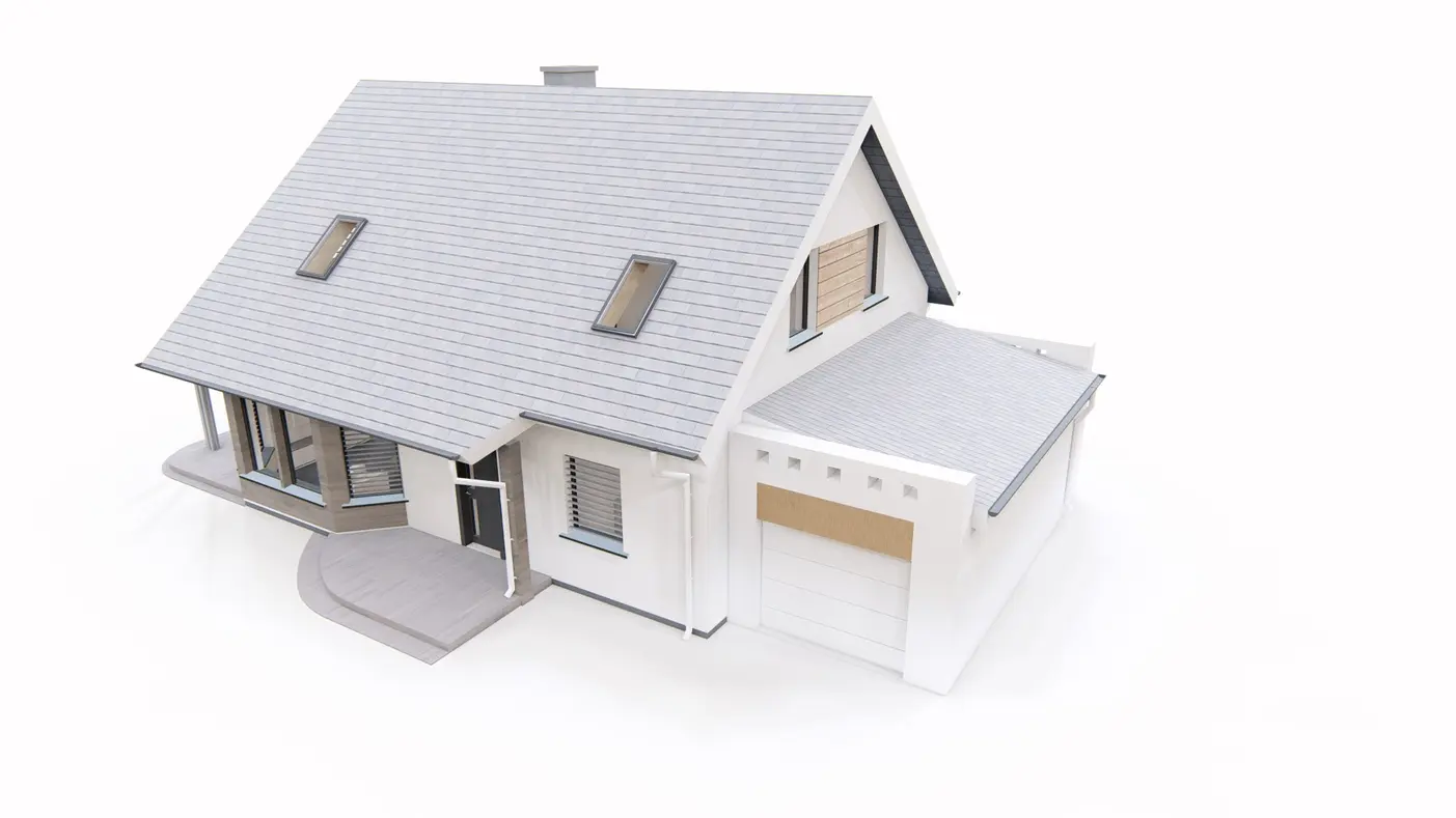 Home project  - Projekt domu z poddaszem, wykuszem i salonem od frontu oraz garażem.