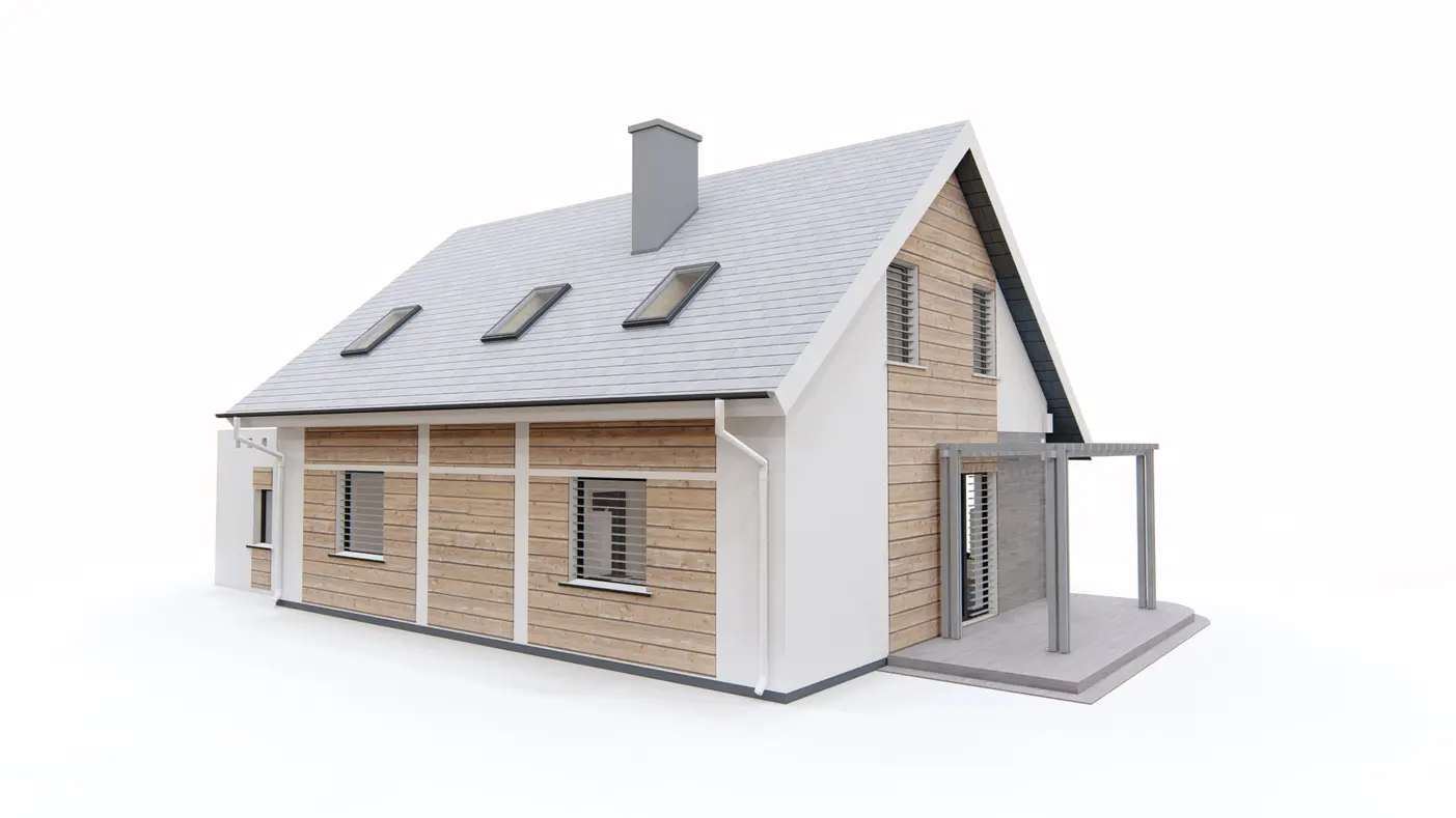 Home project  - Projekt domu z poddaszem, wykuszem i salonem od frontu oraz garażem.