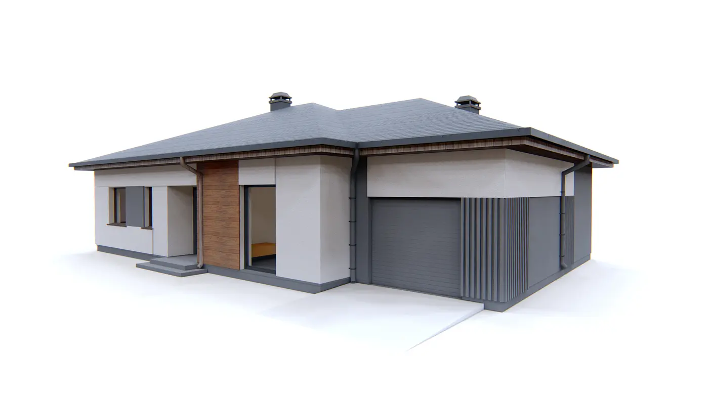 Home project  - Dom parterowy z trzema sypialniami przykryty dachem wielospadowym z garażem