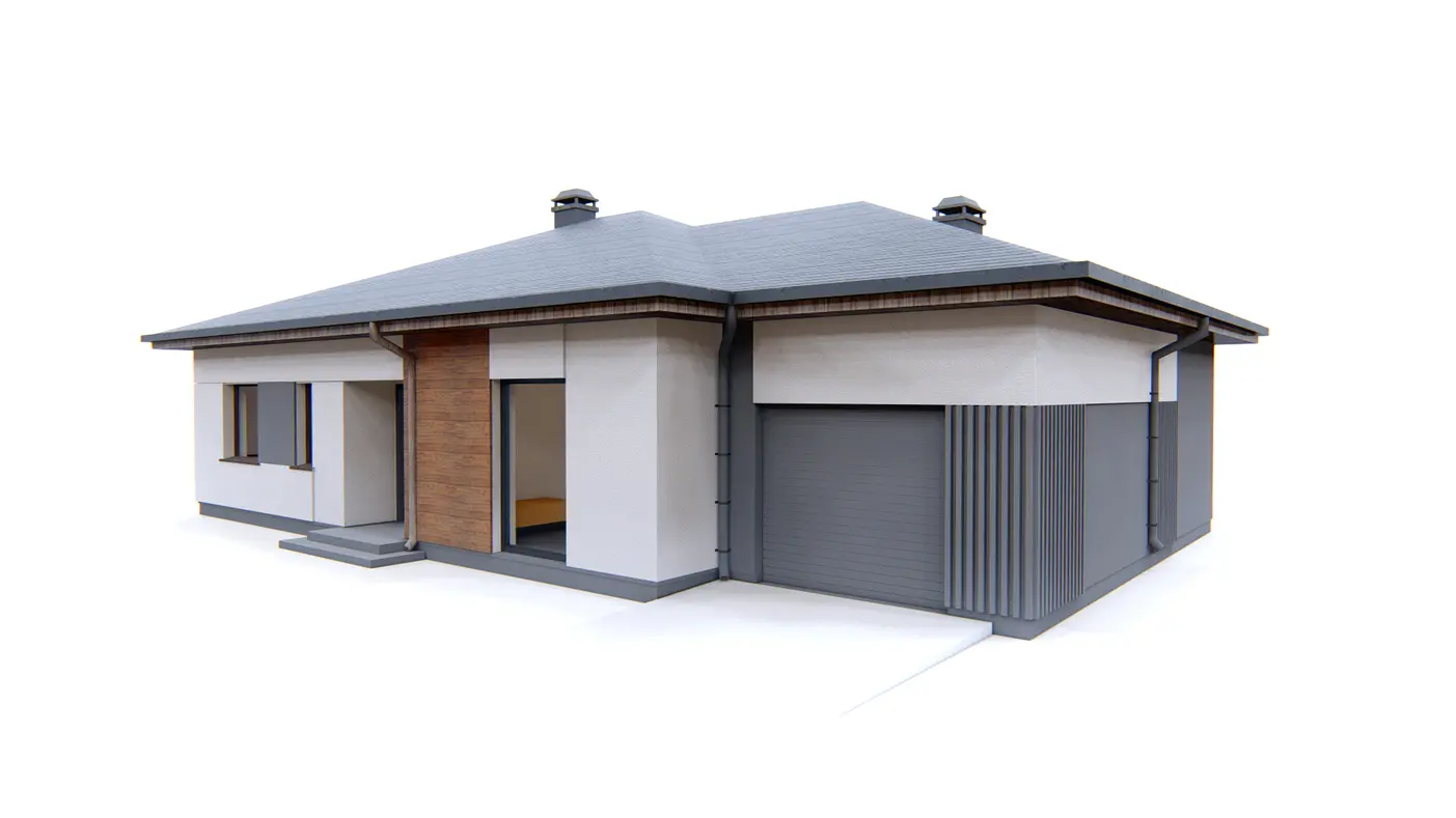 Home project  - Dom parterowy z trzema sypialniami przykryty dachem wielospadowym z garażem