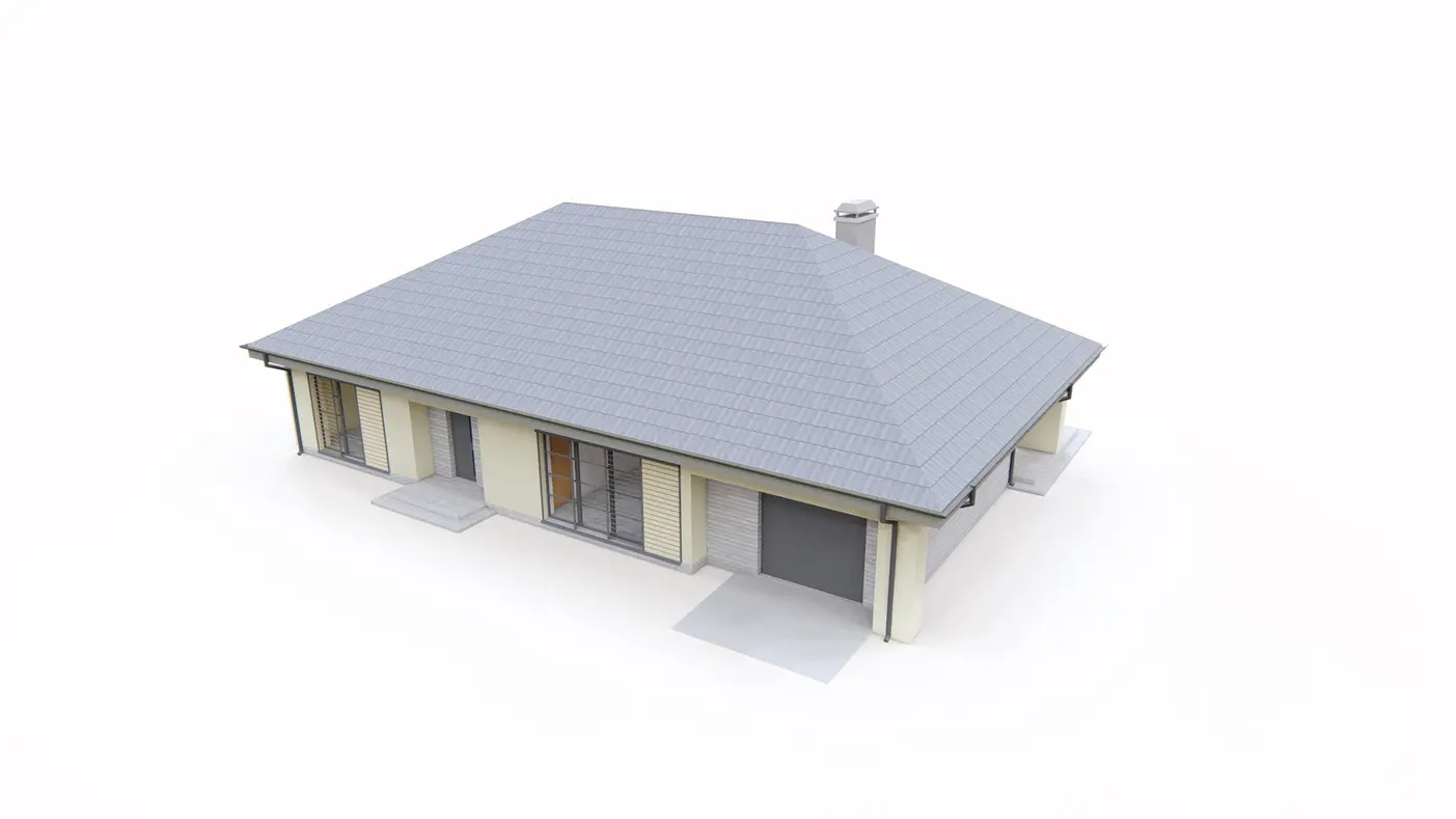 Home project  - Parterowy dom z obszerną strefą dzienną, bocznym garażem i kopertowym dachem.