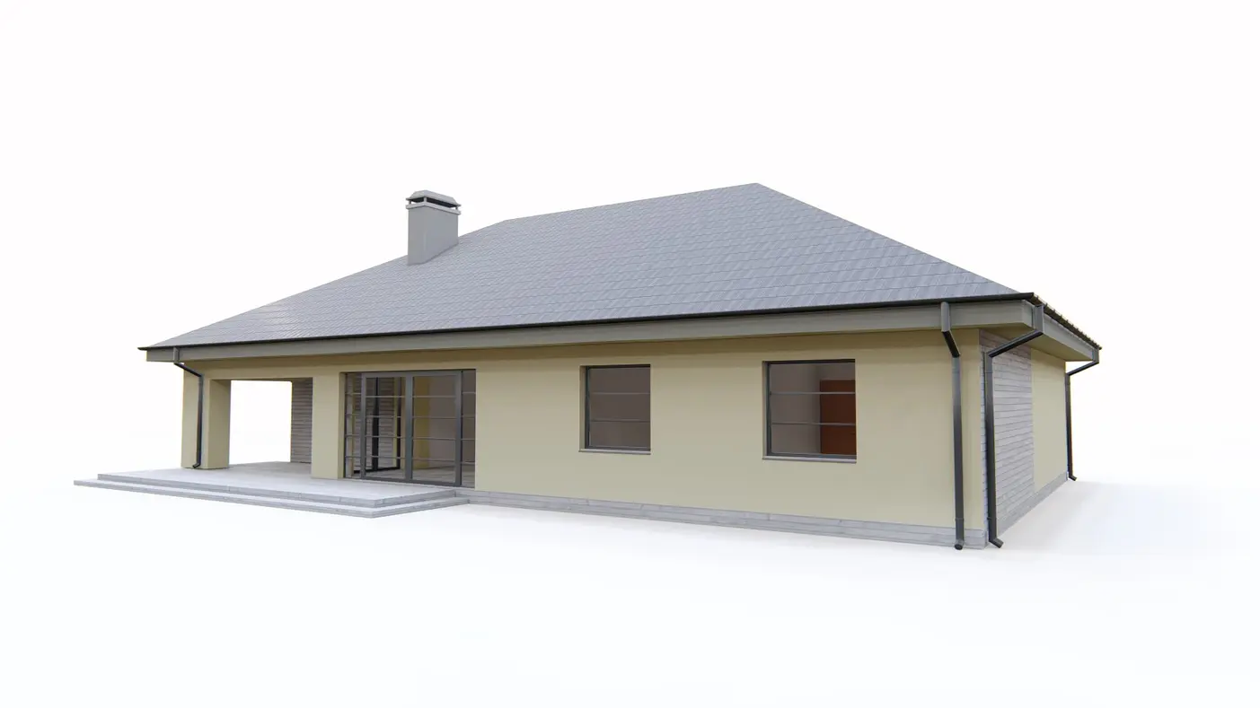 Home project  - Parterowy dom z obszerną strefą dzienną, bocznym garażem i kopertowym dachem.
