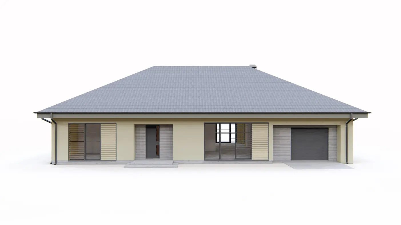 Home project  - Parterowy dom z obszerną strefą dzienną, bocznym garażem i kopertowym dachem.