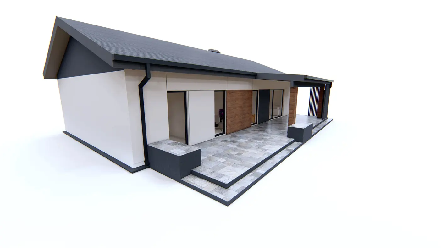Home project  - Parterowy dom z 4 sypialniami w tech. drewnianej z dachem dwu-spadowym 