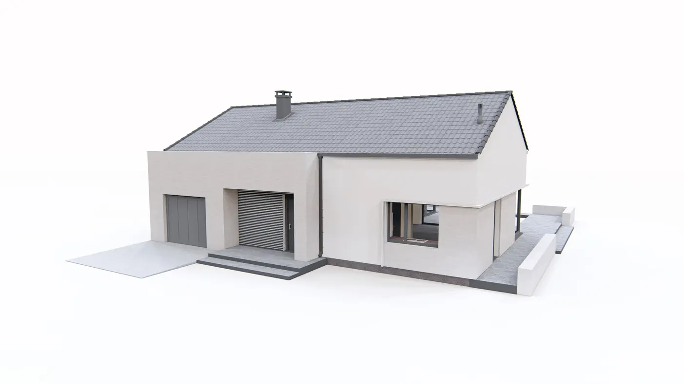 Home project  - Dom parterowy z opcja poddasza użytkowego z garażem w bryle. 