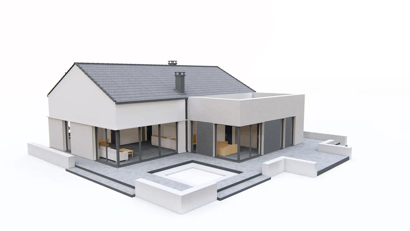 Home project  - Dom parterowy z opcja poddasza użytkowego z garażem w bryle. 