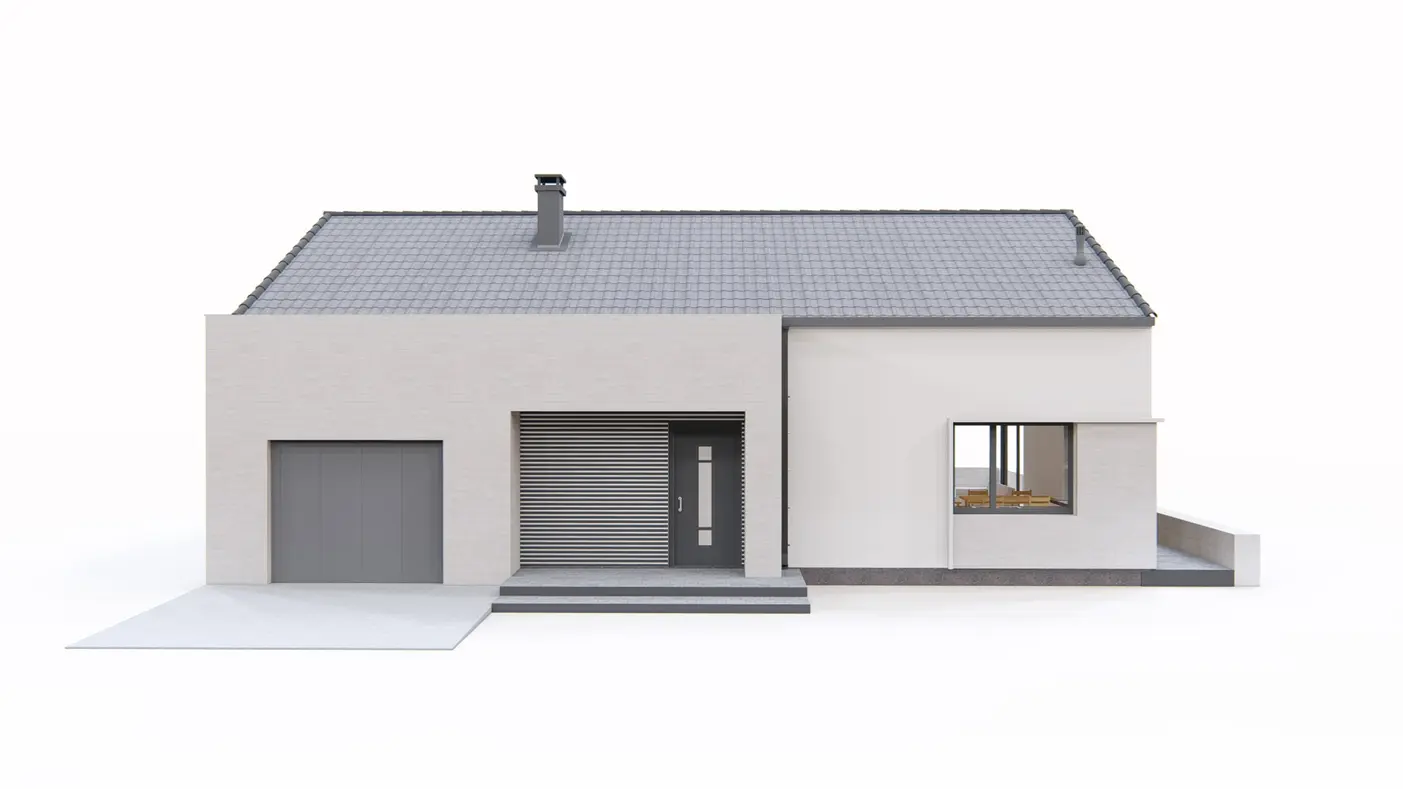 Home project  - Dom parterowy z opcja poddasza użytkowego z garażem w bryle. 