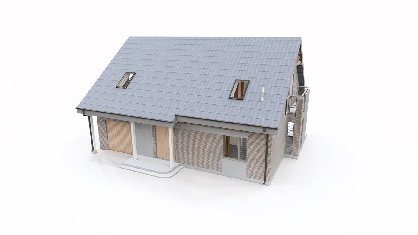 Home project  - Ekonomiczny dom z dwuspadowym dachem, przestronną częścią dzienną i garażem.