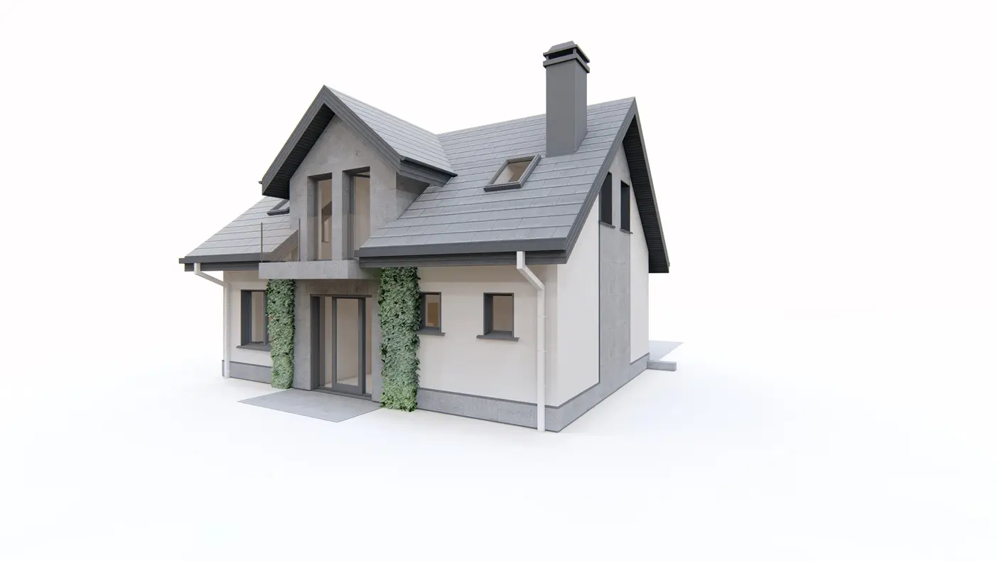 Home project  - Łatwy w budowie dom z poddaszem użytkowym z balkonem nad wejściem.