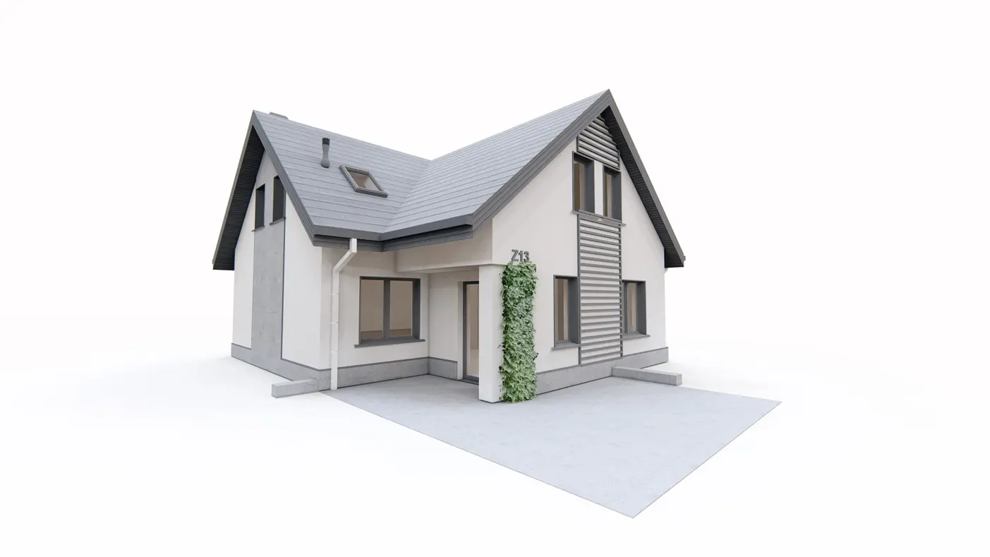 Home project  - Łatwy w budowie dom z poddaszem użytkowym z balkonem nad wejściem.