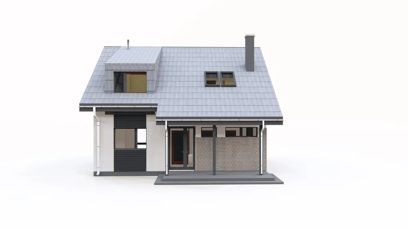 Home project  - Mały, funkcjonalny dom z dachem dwuspadowym i przestronnym salonem.
