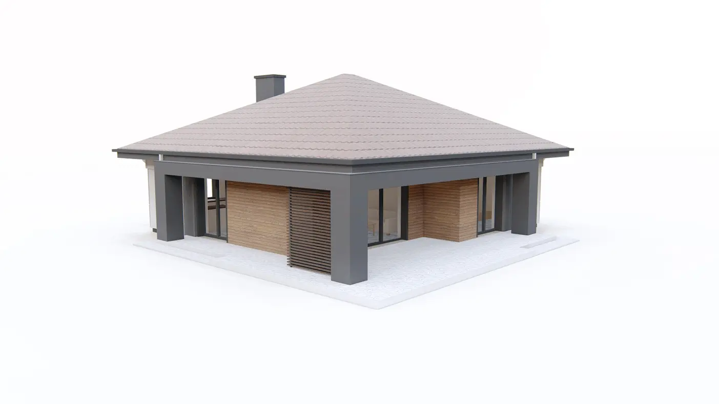 Home project  - Współczesny, parterowy dom z dachem kopertowym, zadaszonym tarasem oraz wejściem