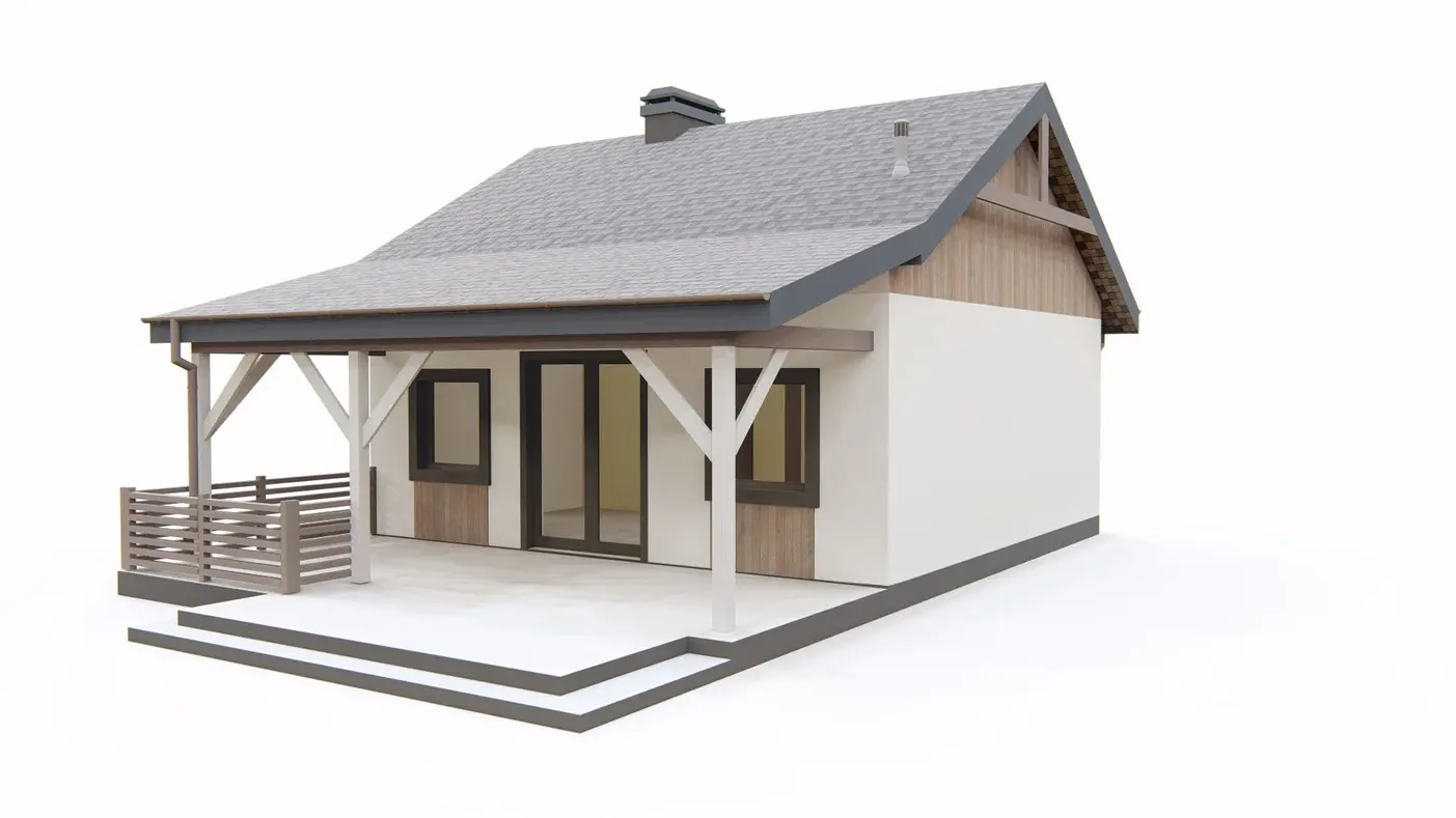 Namo projektas  - Mažas ir nebrangiai pastatomas namas su veranda. Idealus poilsio namelis