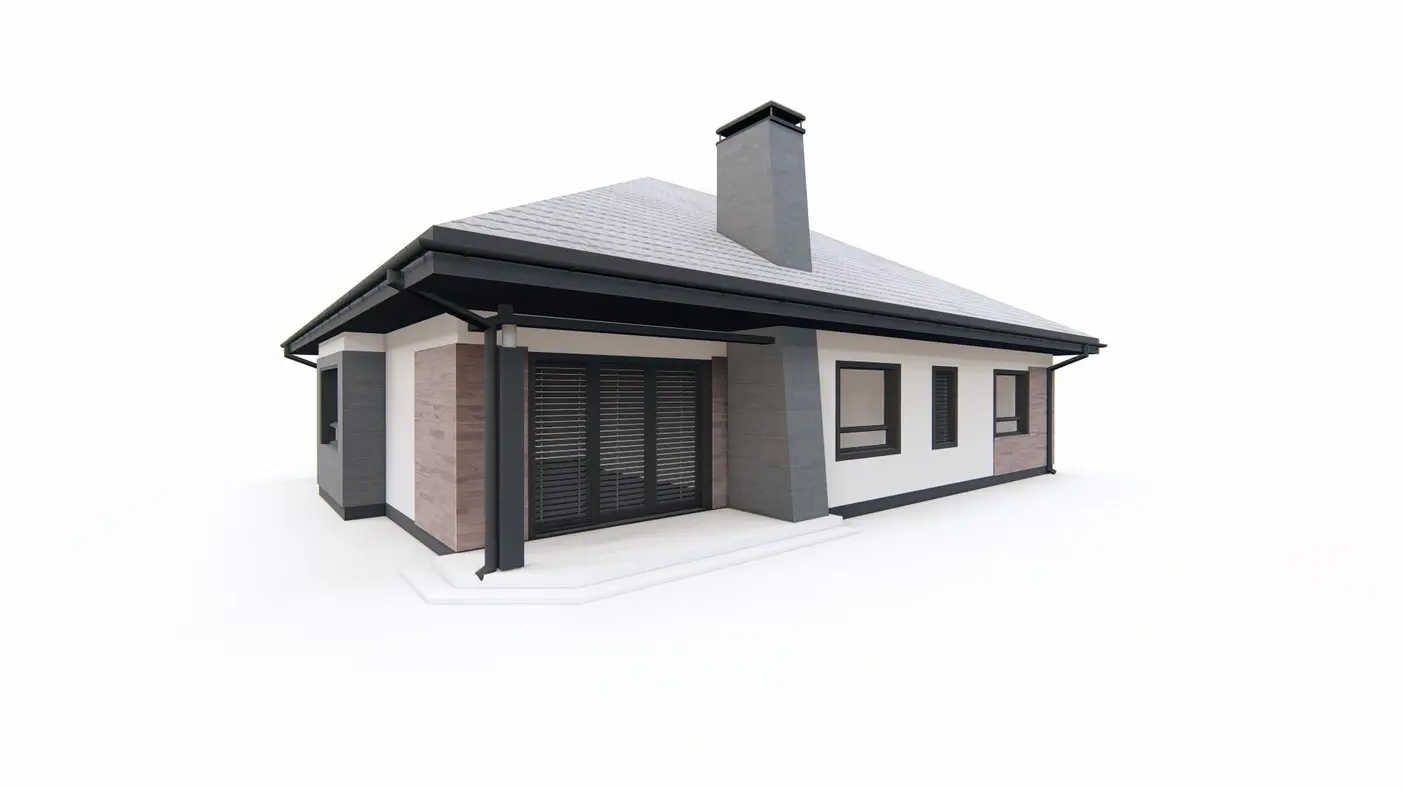 Home project  - Parterowy dom z podwójnym garażem od frontu, kopertowym dachem i podcieniem.