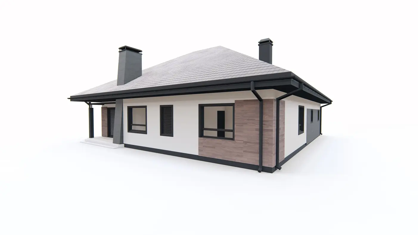 Home project  - Parterowy dom z podwójnym garażem od frontu, kopertowym dachem i podcieniem.