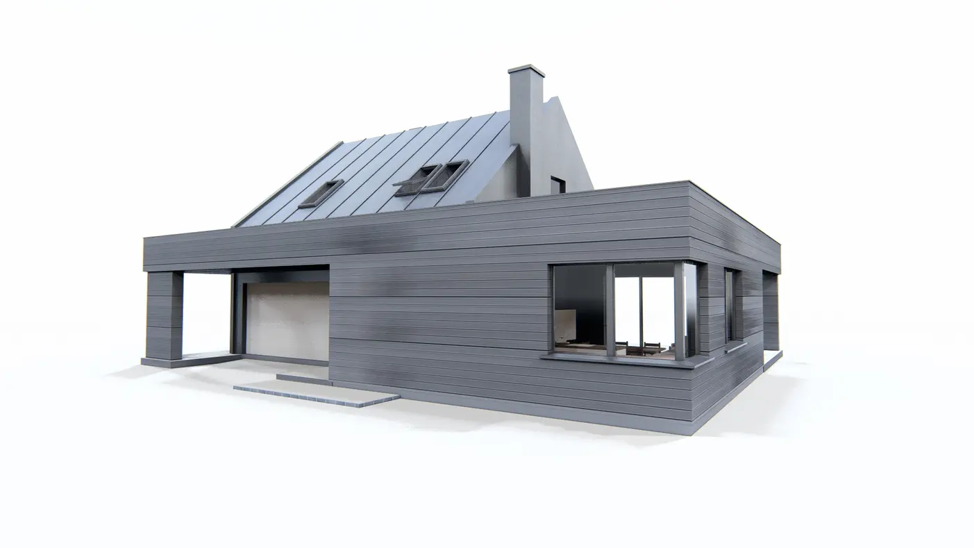 Home project  - Współczesny dom z dachem 2-spadowym otoczony tarasem z płaskim zadaszeniem.