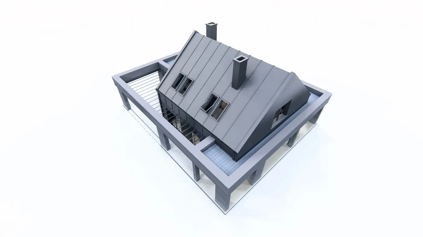 Home project  - Współczesny dom z dachem 2-spadowym otoczony tarasem z płaskim zadaszeniem.