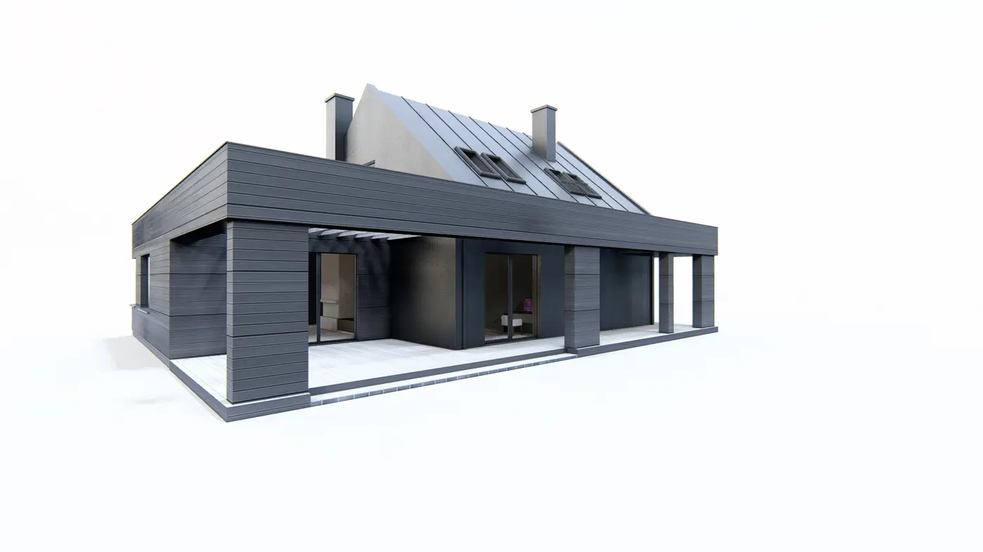 Home project  - Współczesny dom z dachem 2-spadowym otoczony tarasem z płaskim zadaszeniem.