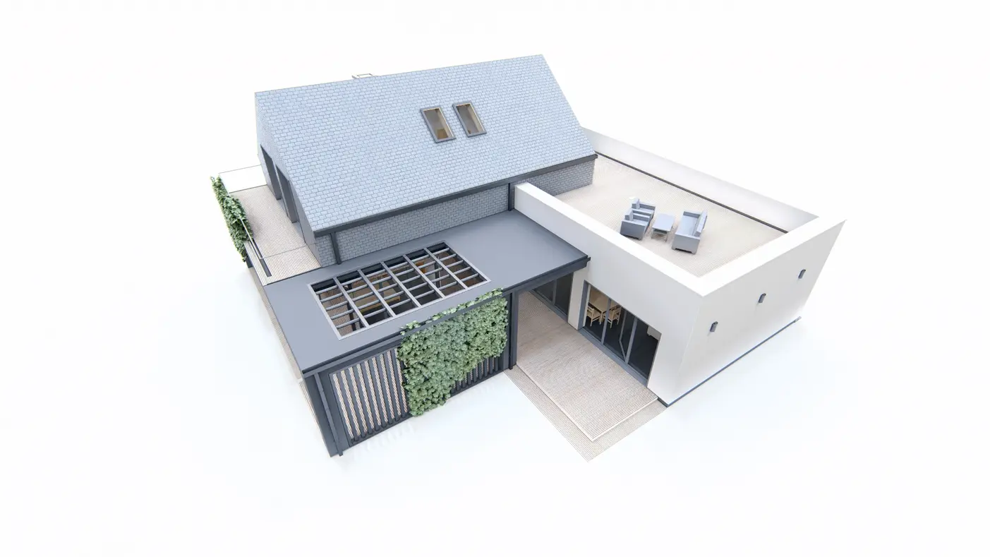 Home project  - Nowoczesny dom z dużym tarasem i balkonem na piętrze oraz przestronnym salonem