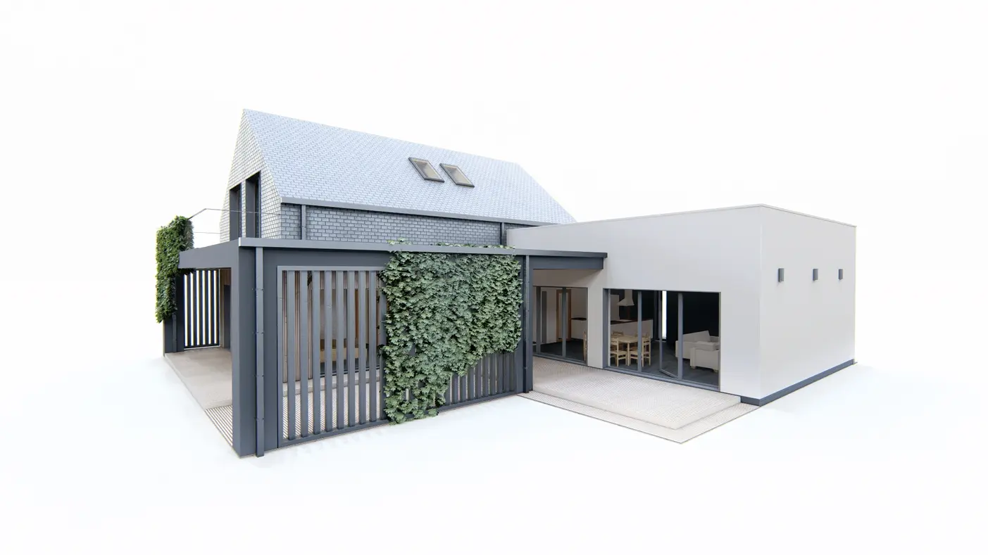 Home project  - Nowoczesny dom z dużym tarasem i balkonem na piętrze oraz przestronnym salonem
