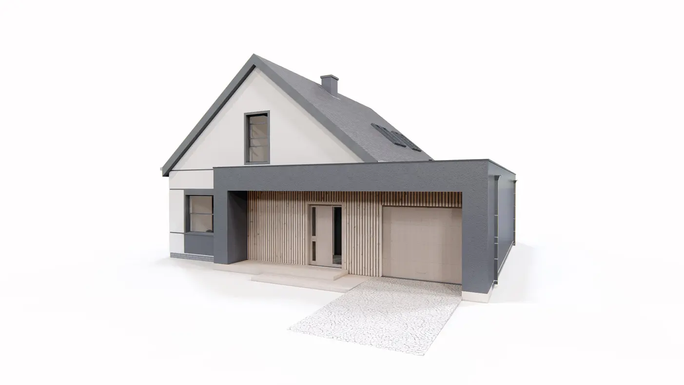 Home project  - Współczesny dom z dachem 2-spadowym, garażem, gabinetem i 3 sypialniami.