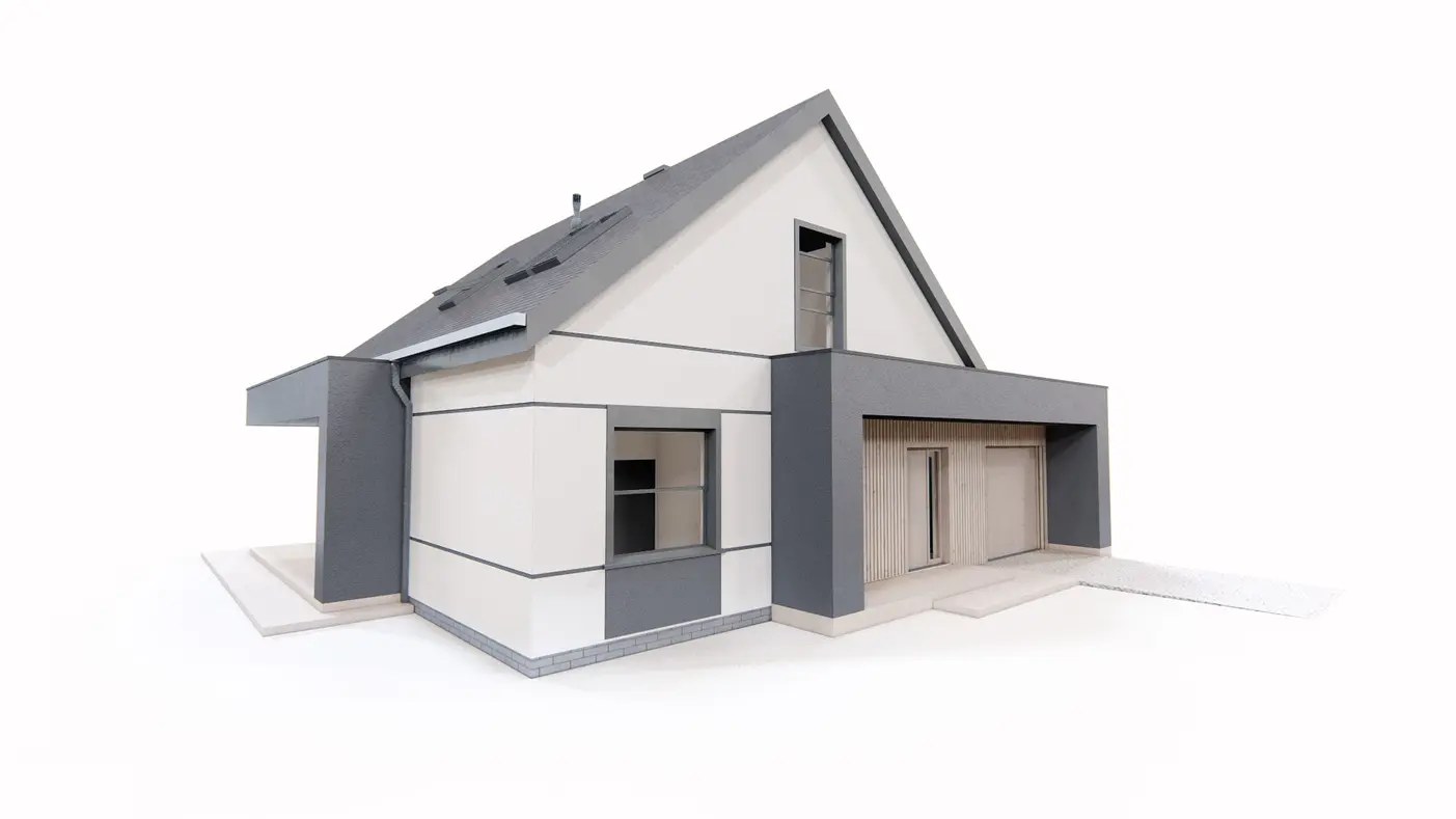Home project  - Współczesny dom z dachem 2-spadowym, garażem, gabinetem i 3 sypialniami.