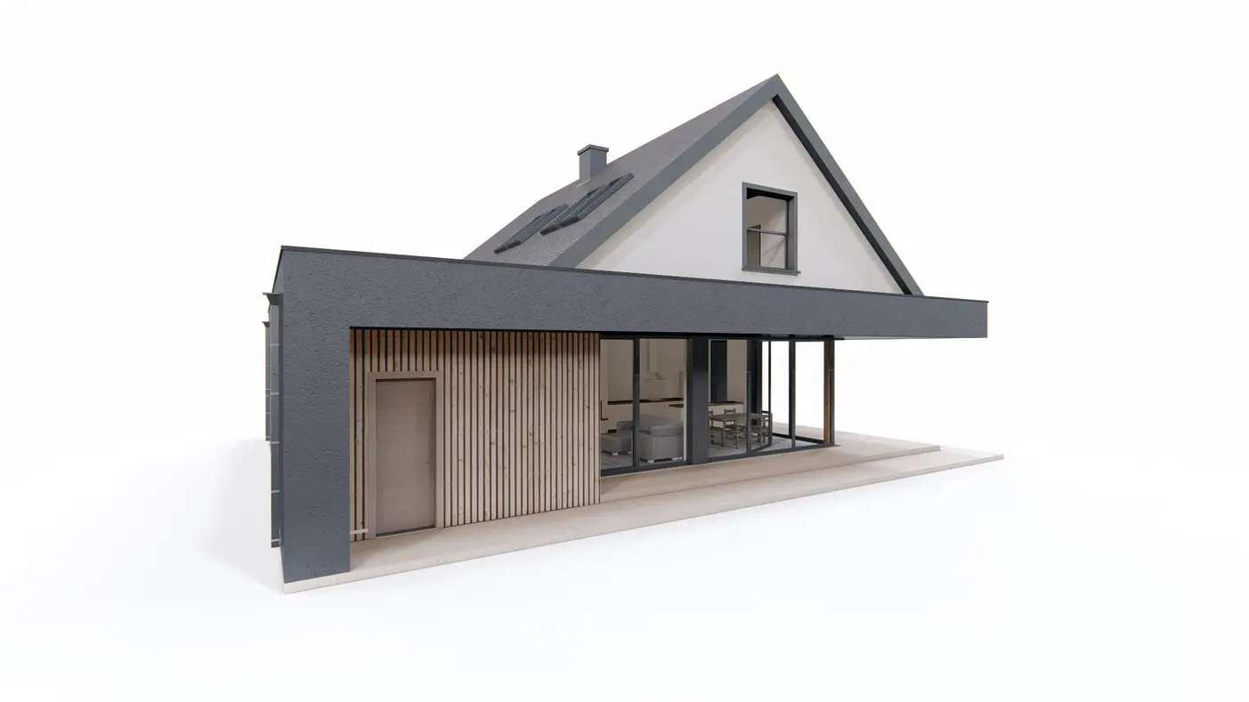 Home project  - Współczesny dom z dachem 2-spadowym, garażem, gabinetem i 3 sypialniami.