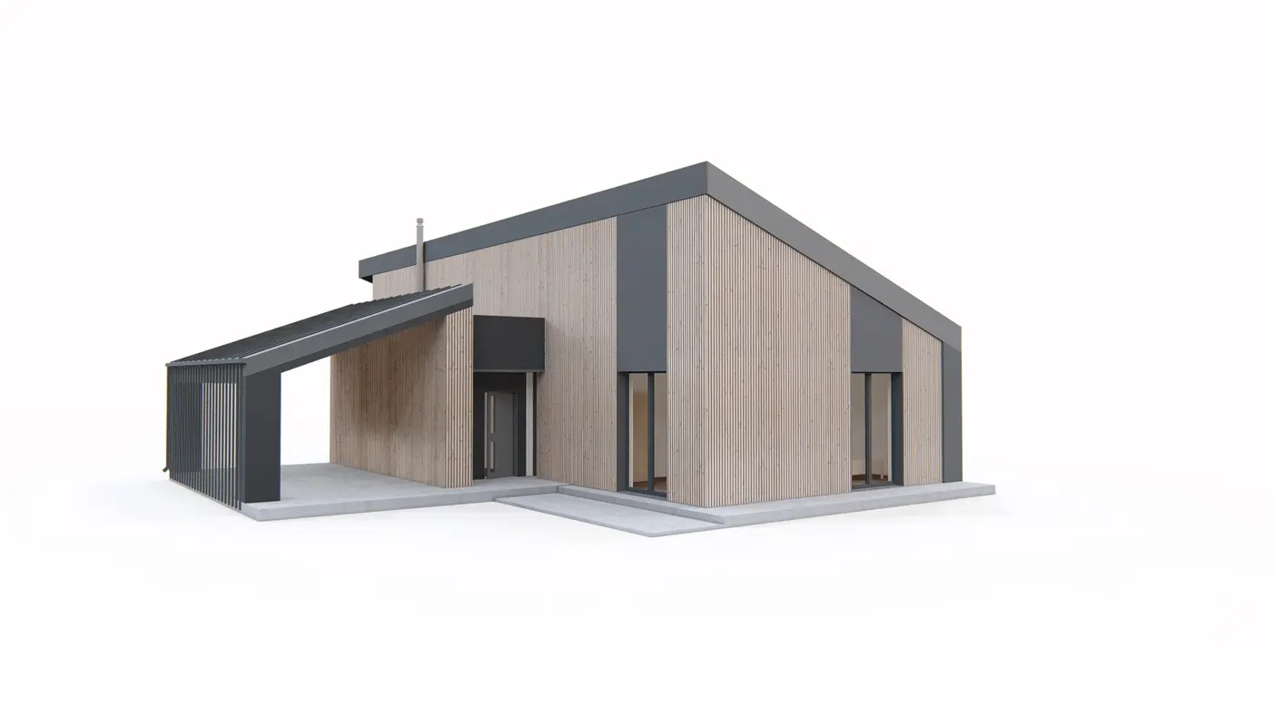 Gotowy projekt domu  - Parterowy współczesny dom z 3 pokojami, salonem, jadalnią i miejscem na samochód