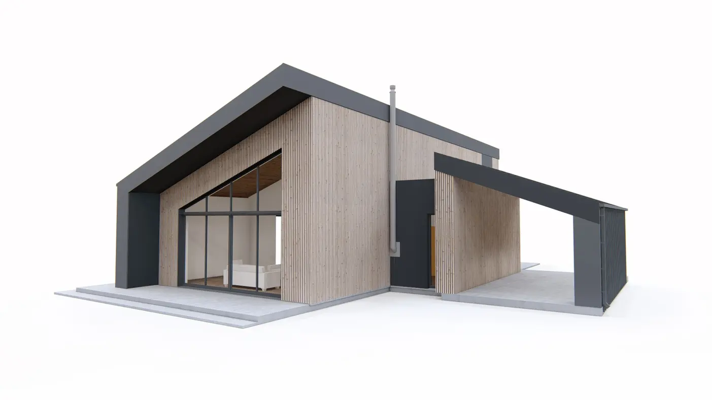 Gotowy projekt domu  - Parterowy współczesny dom z 3 pokojami, salonem, jadalnią i miejscem na samochód