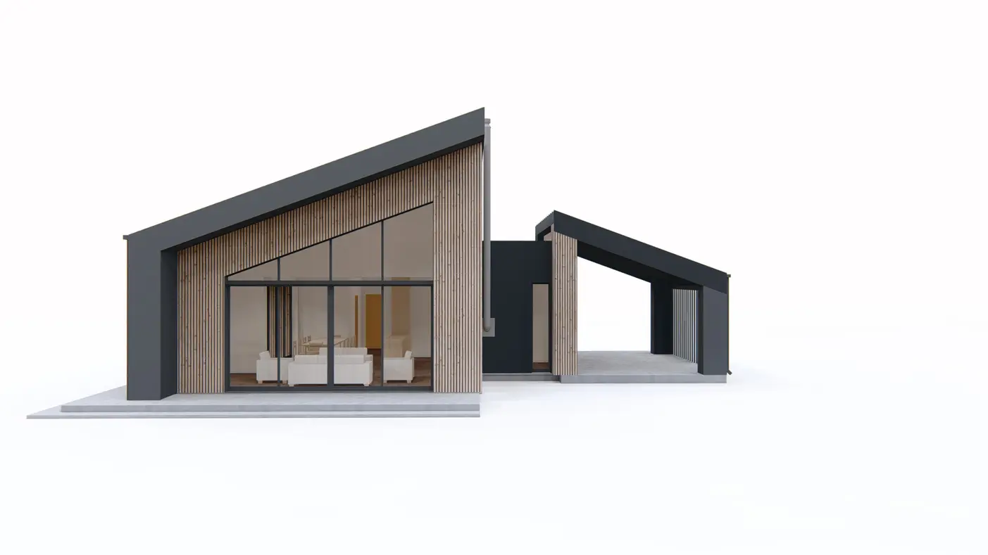 Gotowy projekt domu  - Parterowy współczesny dom z 3 pokojami, salonem, jadalnią i miejscem na samochód