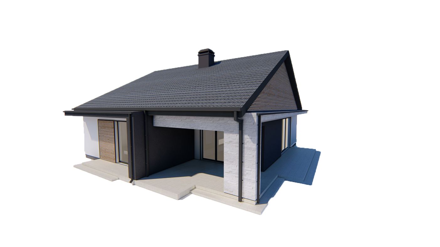 Home project  - Dom parterowy o powierzchni 130m2 z dachem 2-spadowym, 4 pokojami oraz salonem.