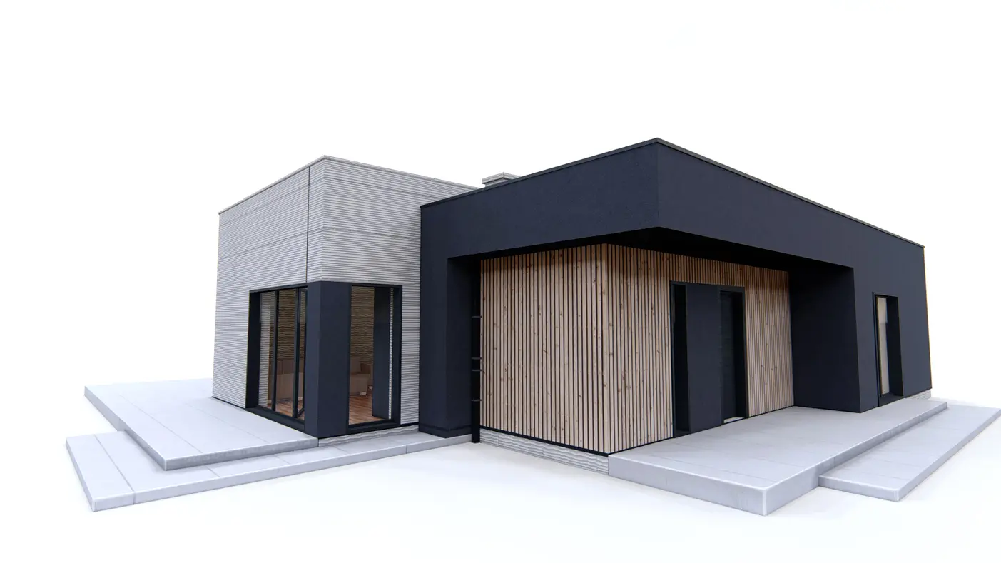 Home project  - Nowoczesna parterówka z 4 sypialniami, częścią dzienną od ogrodu i zadaszonym ta
