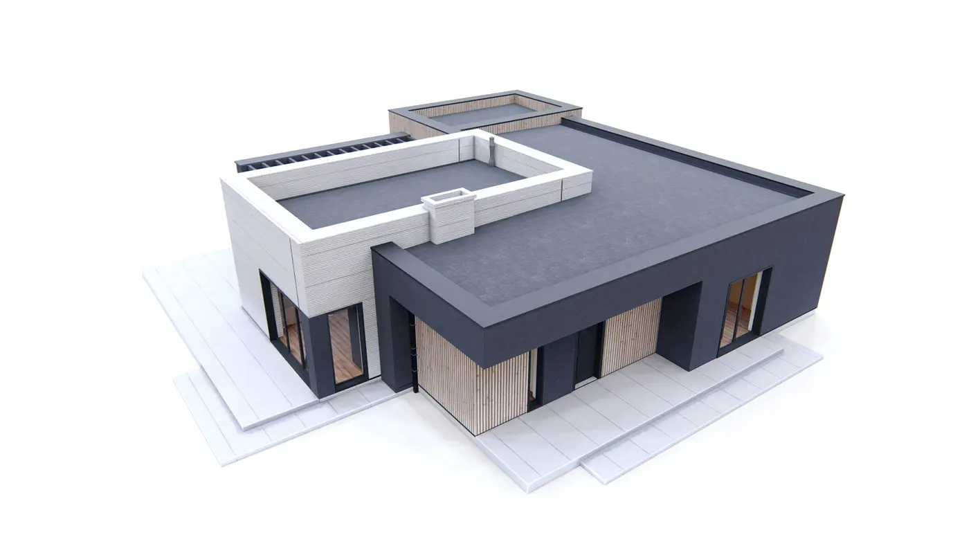 Home project  - Nowoczesna parterówka z 4 sypialniami, częścią dzienną od ogrodu i zadaszonym ta
