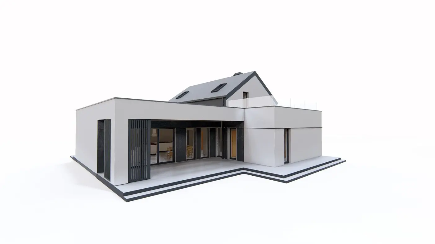 Mājas projekts  - Nowoczesny dom z wydzieloną sypialnią główną i tarasem na piętrze