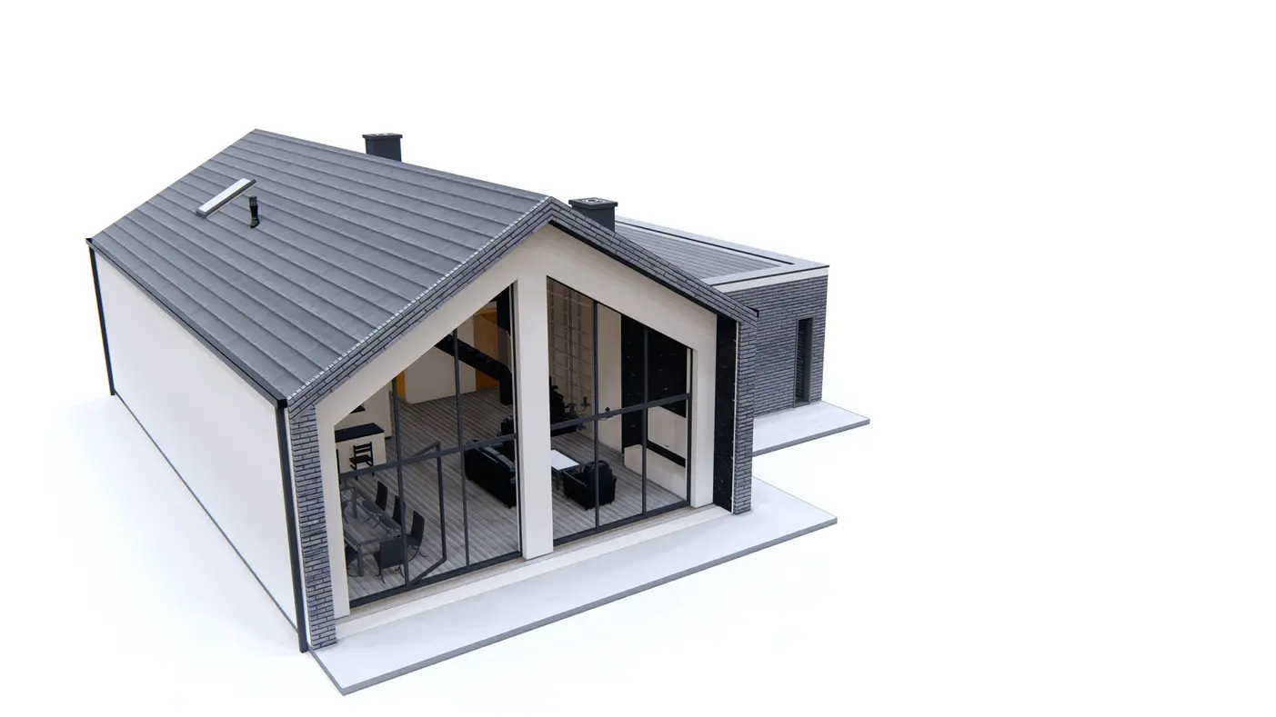 Home project  - Dom z przestronnym salonem, antresolą, wydzieloną sypialnią i wiatą