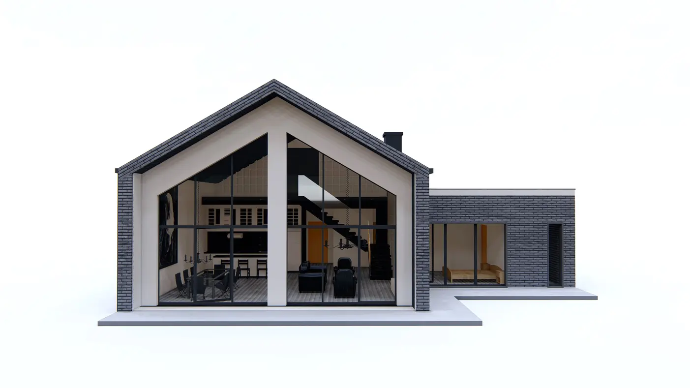 Home project  - Dom z przestronnym salonem, antresolą, wydzieloną sypialnią i wiatą