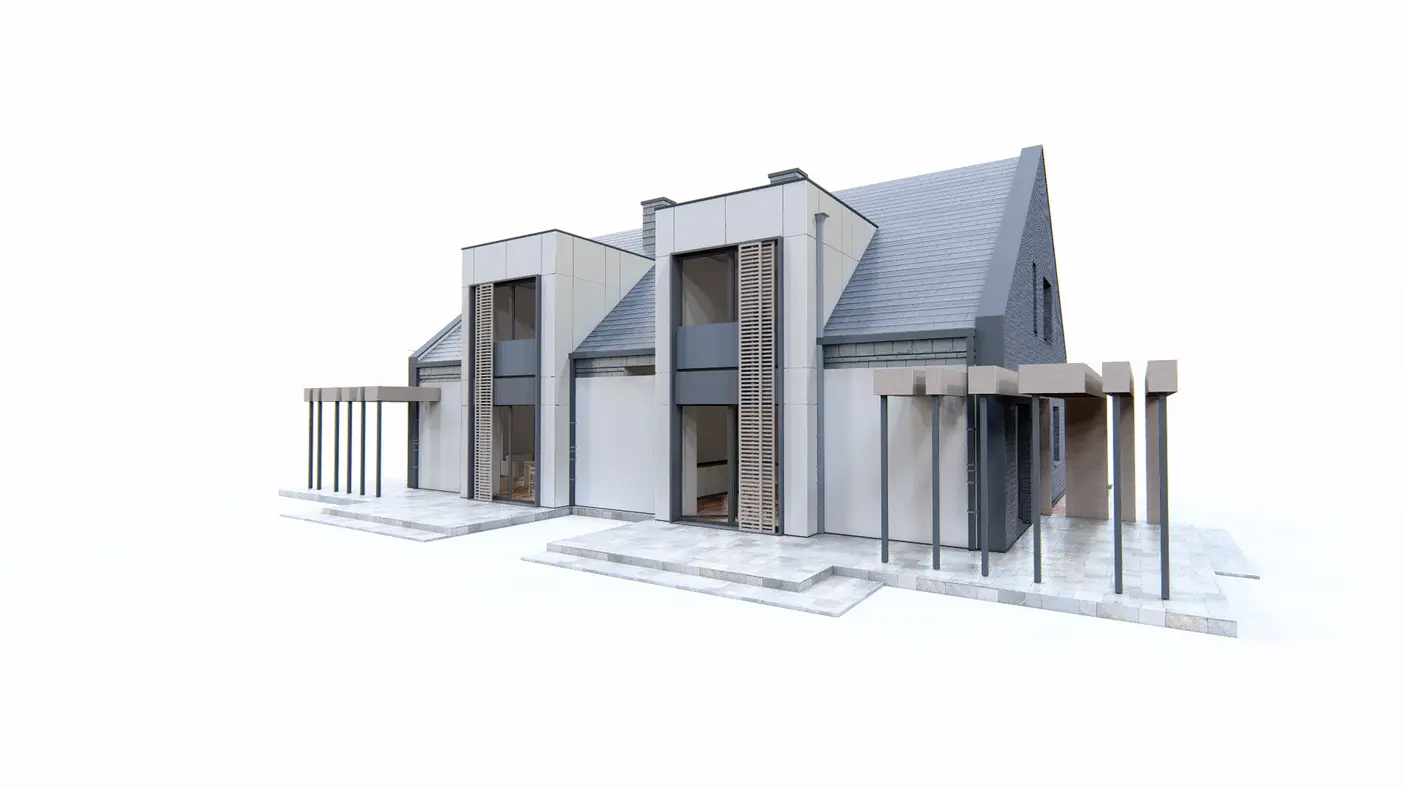Gotowy projekt domu  - Dom do zabudowy bliźniaczej o powierzchni ok 130m2 z nowoczesnymi lukarnami.