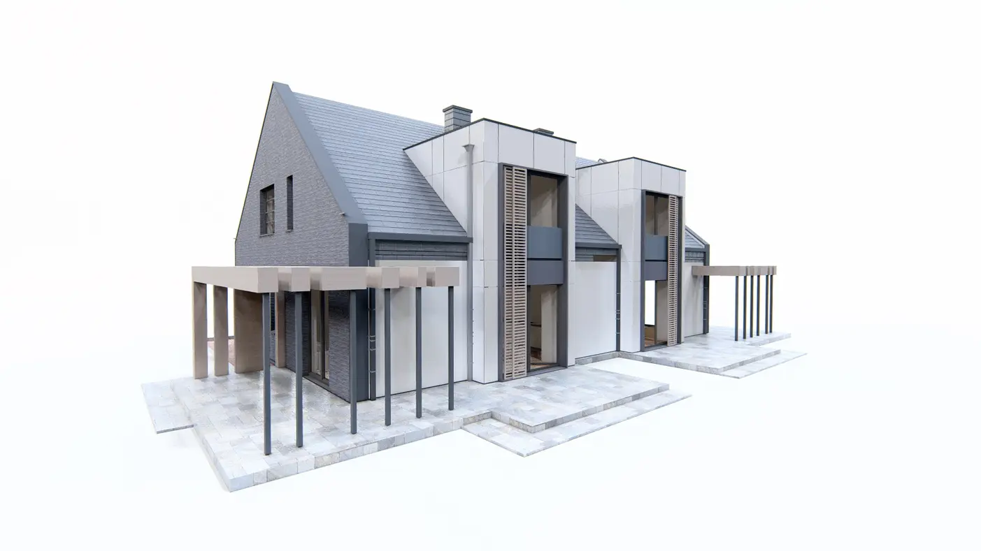 Gotowy projekt domu  - Dom do zabudowy bliźniaczej o powierzchni ok 130m2 z nowoczesnymi lukarnami.