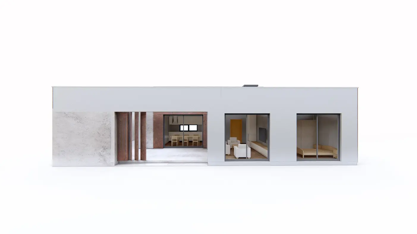 Gotowy projekt domu  - Nowoczesny, parterowy dom o niewielkiej powierzchni z przestronnym tarasem.