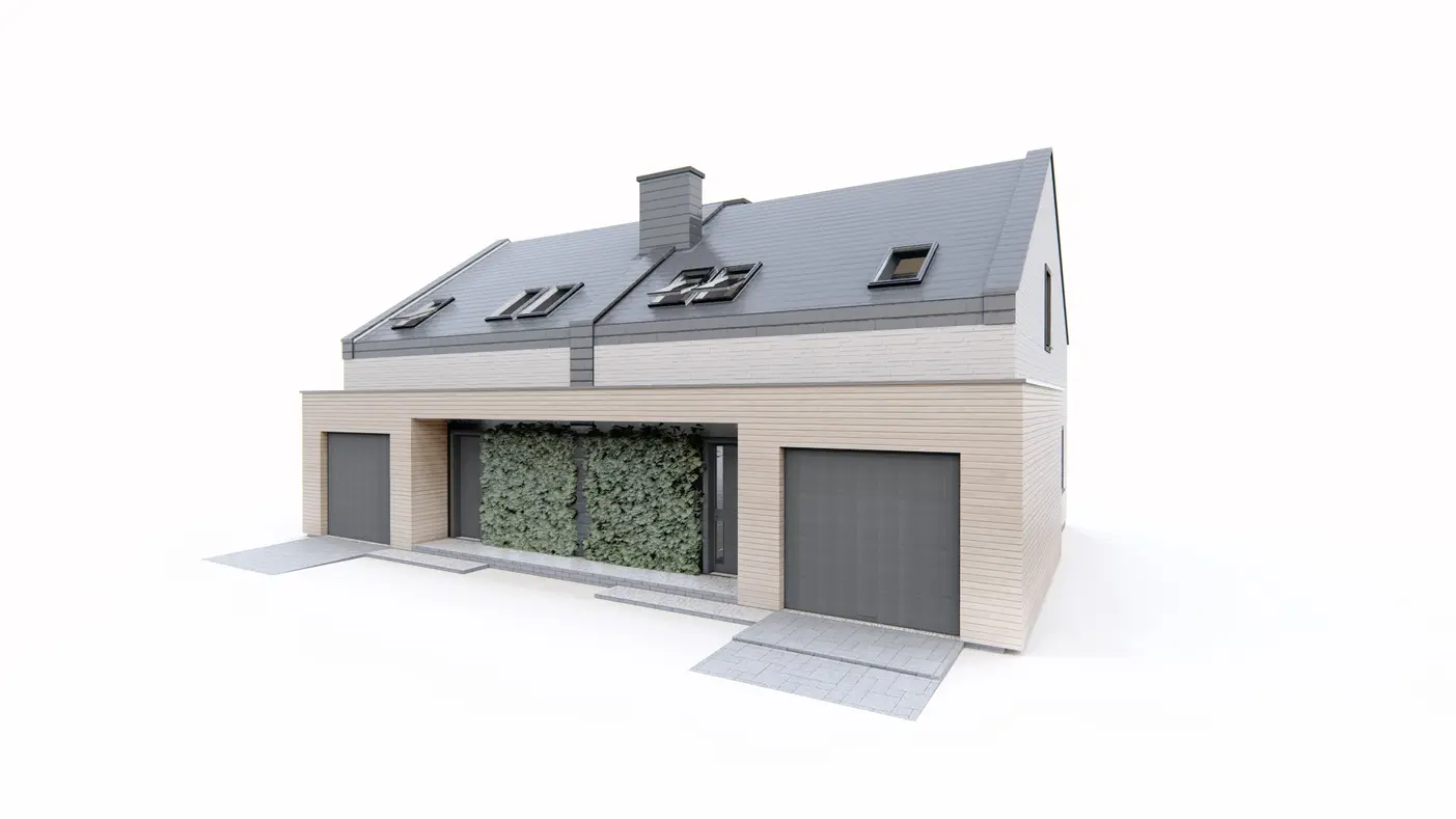 Home project  - Dom-bliźniak o powierzchni 98 m2 z garażem w bryle oraz 3 sypialniami.