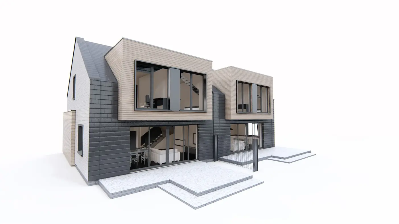Home project  - Dom-bliźniak o powierzchni 98 m2 z garażem w bryle oraz 3 sypialniami.