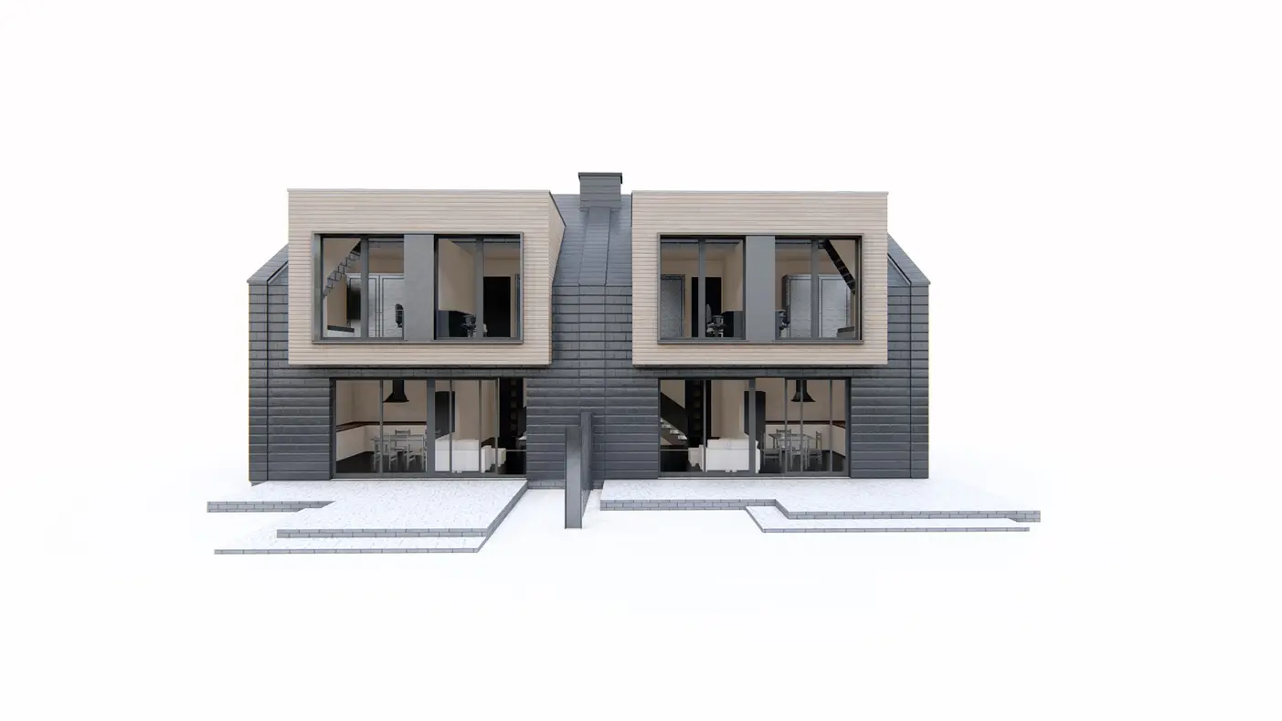 Home project  - Dom-bliźniak o powierzchni 98 m2 z garażem w bryle oraz 3 sypialniami.