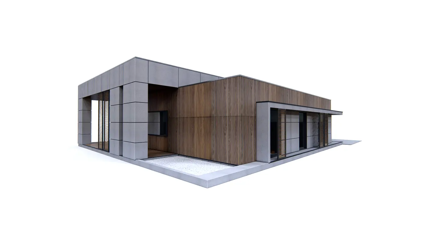 Home project  - Dom parterowy z 3 pokojami oraz strefą dzienną i garażem 2 stanowiskowym.