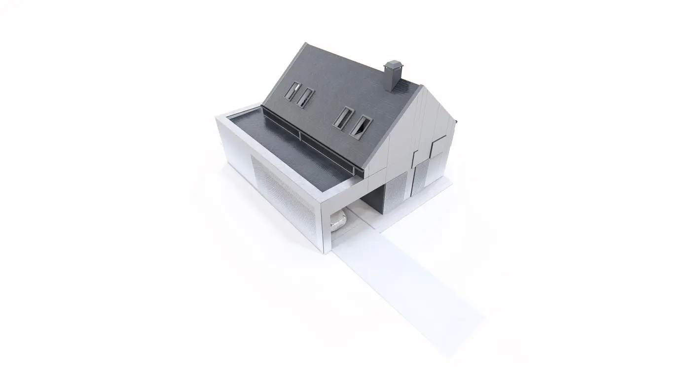 Home project  - Nowoczesny dom do zabudowy bliźniaczej z dachem wspadowym oraz wiata na samochód