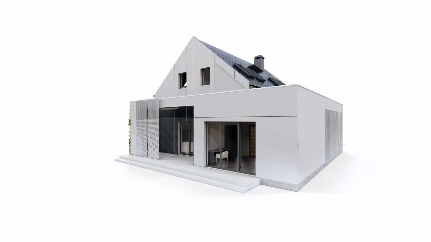 Home project  - Nowoczesny dom do zabudowy bliźniaczej z dachem wspadowym oraz wiata na samochód