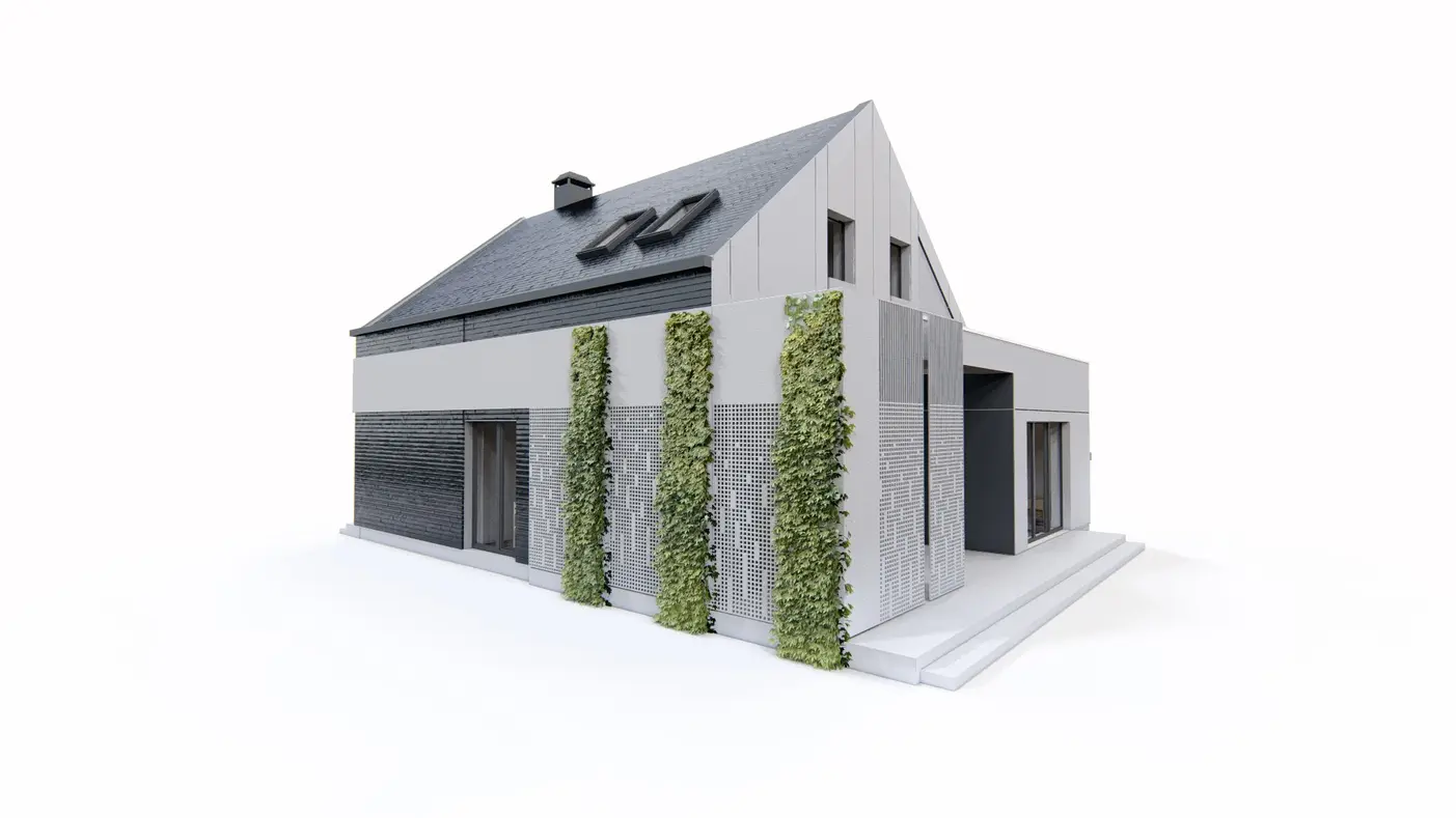 Home project  - Nowoczesny dom do zabudowy bliźniaczej z dachem wspadowym oraz wiata na samochód
