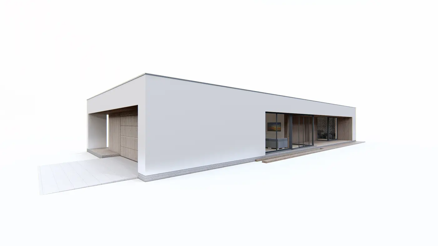 Home project  - Nowoczesny dom parterowy z dużymi przeszkleniami oraz garażem 2-stanowiskowym.