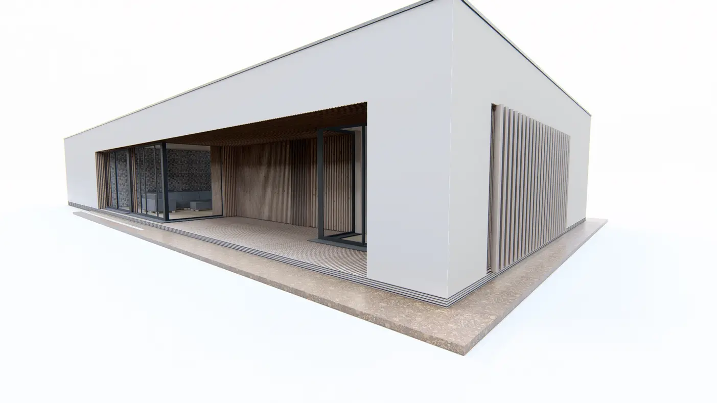 Home project  - Nowoczesny dom parterowy z dużymi przeszkleniami oraz garażem 2-stanowiskowym.